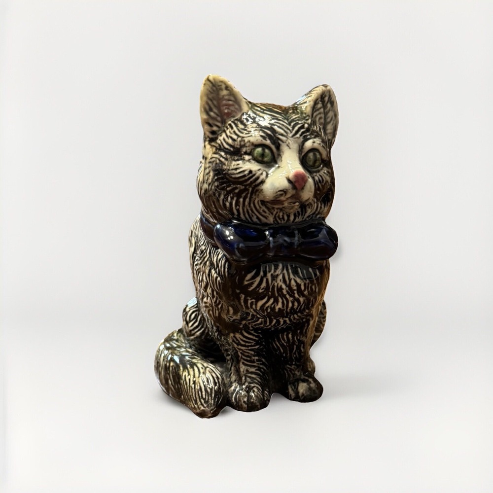 Vintage Green Eyed Blue Bow Tie Cat Planter Vase MCM Japan Shelf Sitter